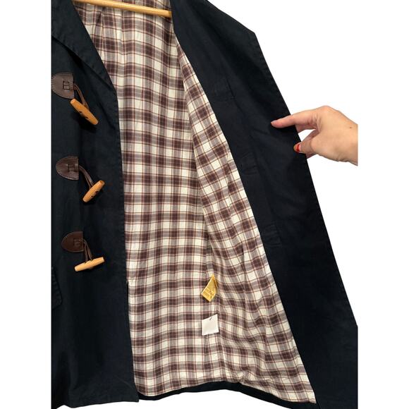 APC Paris S Wax Coated $495 Leather Toggle Duffle Coat Plaid Lined Jacket Black - Picture 4 of 12